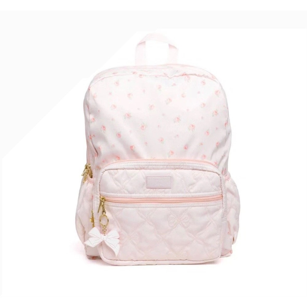 LoveShackFancy x Yoobi Backpack Pink Floral Quilted Bow Laptop School Bag Bloom